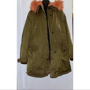 Olive Green Parka With Pink Fur Hood